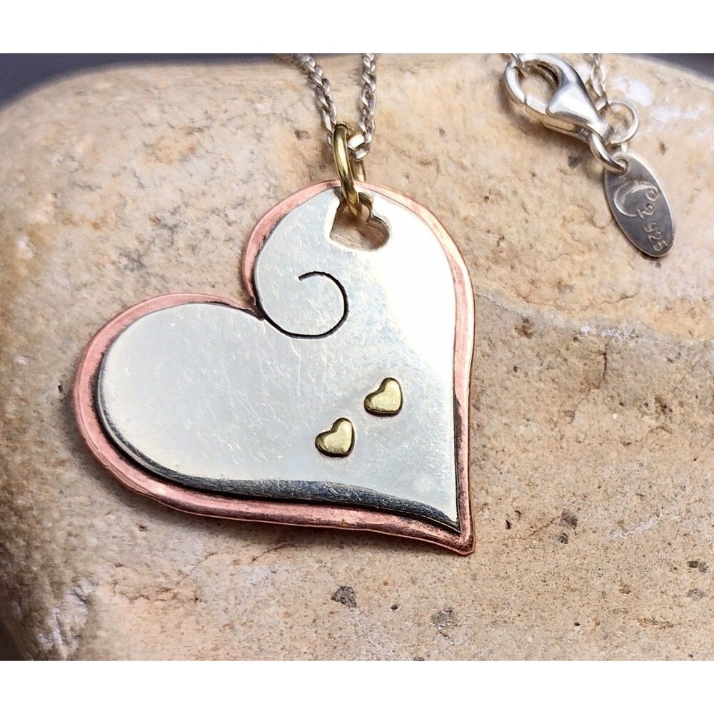Artisan Sterling Silver Copper Heart Pendant Necklace Sisters 20"